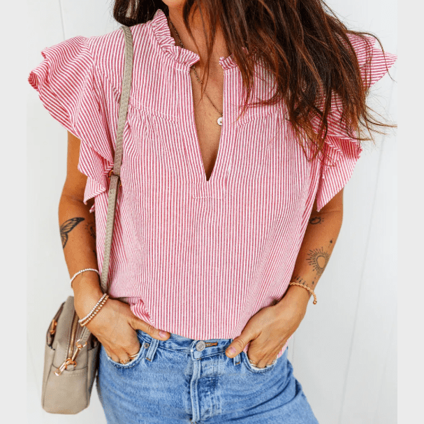 Palisa Red Stripe Frilly Split Neck Double Ruffled Short Sleeve Blouse