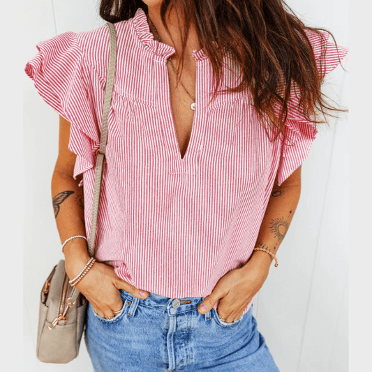 Palisa Red Stripe Frilly Split Neck Double Ruffled Short Sleeve Blouse