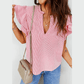 Palisa Red Stripe Frilly Split Neck Double Ruffled Short Sleeve Blouse
