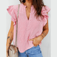 Palisa Red Stripe Frilly Split Neck Double Ruffled Short Sleeve Blouse