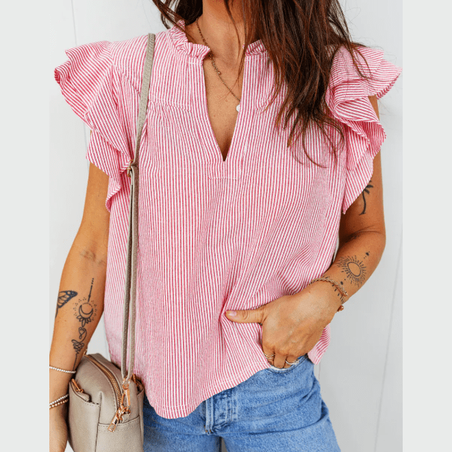 Palisa Red Stripe Frilly Split Neck Double Ruffled Short Sleeve Blouse