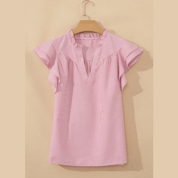 Palisa Red Stripe Frilly Split Neck Double Ruffled Short Sleeve Blouse