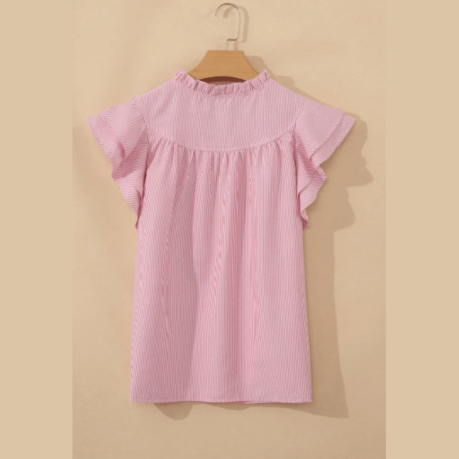 Palisa Red Stripe Frilly Split Neck Double Ruffled Short Sleeve Blouse