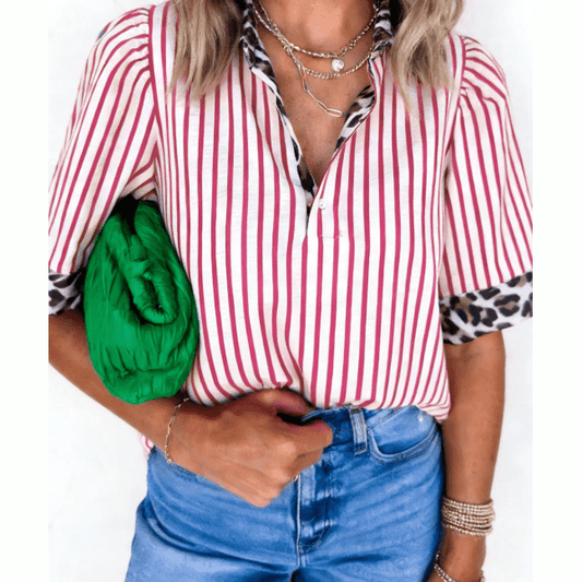 Veyda Red Stripe Leopard Contrast Trim Half Button Blouse