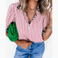 Veyda Red Stripe Leopard Contrast Trim Half Button Blouse