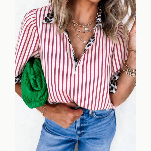 Veyda Red Stripe Leopard Contrast Trim Half Button Blouse