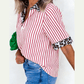 Veyda Red Stripe Leopard Contrast Trim Half Button Blouse