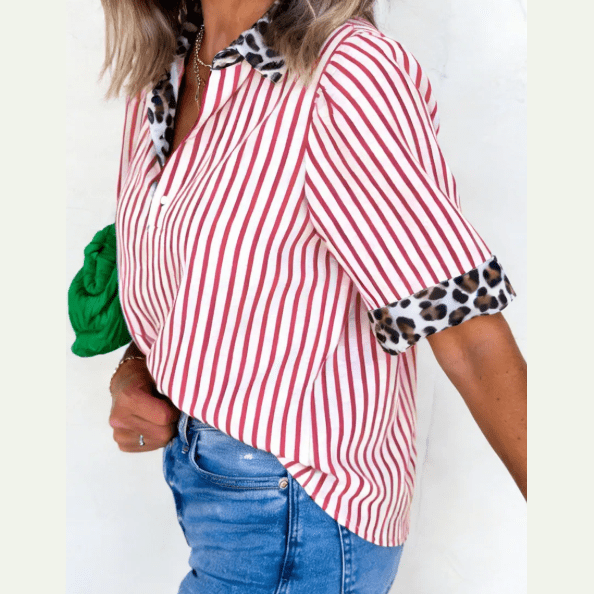Veyda Red Stripe Leopard Contrast Trim Half Button Blouse