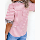 Veyda Red Stripe Leopard Contrast Trim Half Button Blouse