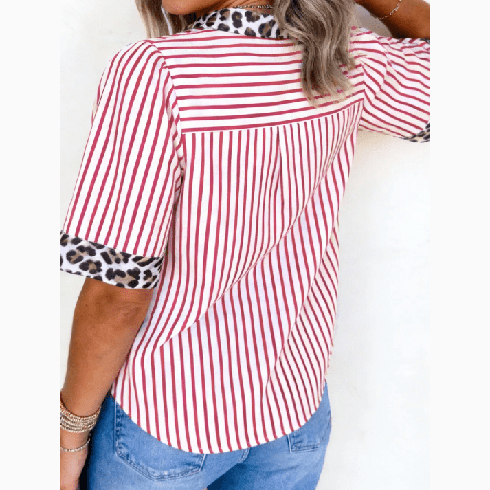 Veyda Red Stripe Leopard Contrast Trim Half Button Blouse