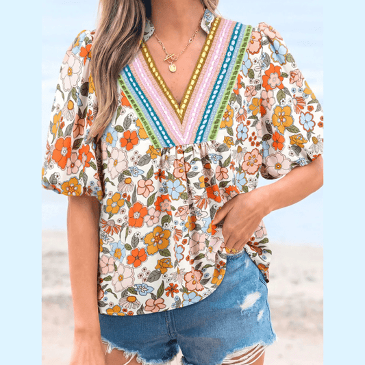 Jasey Multicolour Crochet V Neckline Puff Sleeve Boho Flower Blouse