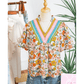 Jasey Multicolour Crochet V Neckline Puff Sleeve Boho Flower Blouse