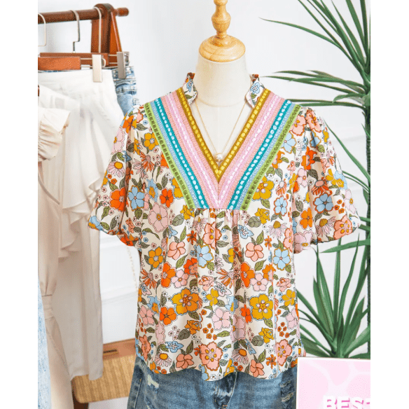 Jasey Multicolour Crochet V Neckline Puff Sleeve Boho Flower Blouse