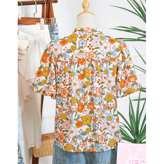 Jasey Multicolour Crochet V Neckline Puff Sleeve Boho Flower Blouse