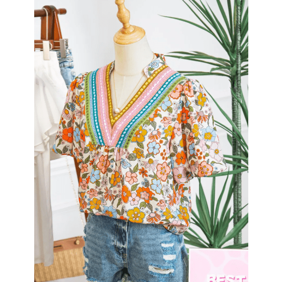 Jasey Multicolour Crochet V Neckline Puff Sleeve Boho Flower Blouse