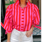 Asher Red Stripe Tie Puff Sleeve Womens Button Down Shirt
