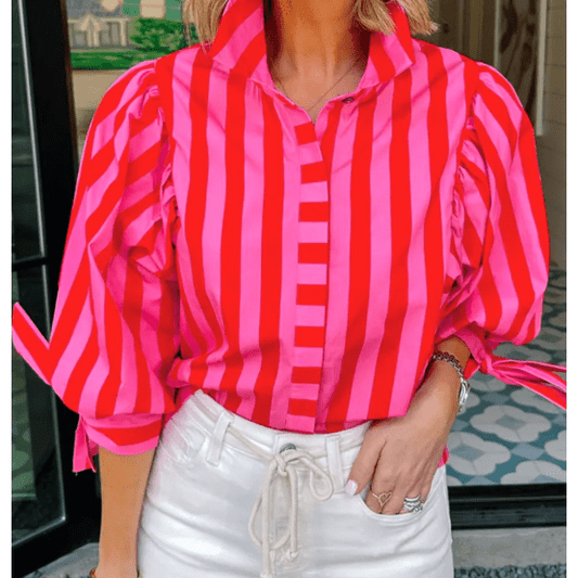 Asher Red Stripe Tie Puff Sleeve Womens Button Down Shirt
