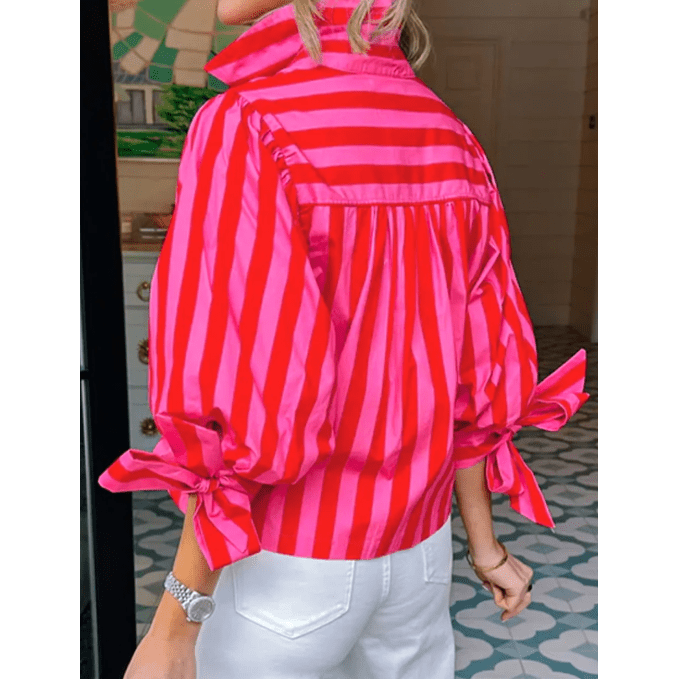 Asher Red Stripe Tie Puff Sleeve Womens Button Down Shirt