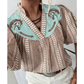 Kaytee Brown Western Pony Embroidered Yoke Puff Sleeve Gingham Blouse