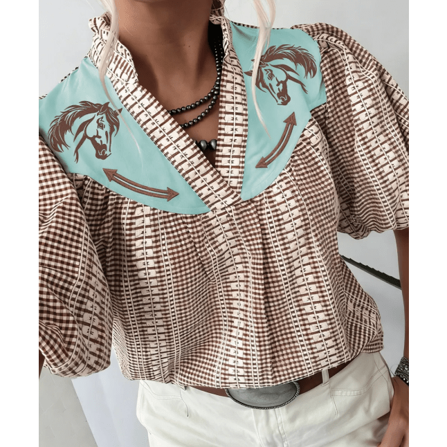 Kaytee Brown Western Pony Embroidered Yoke Puff Sleeve Gingham Blouse