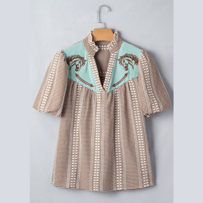 Kaytee Brown Western Pony Embroidered Yoke Puff Sleeve Gingham Blouse