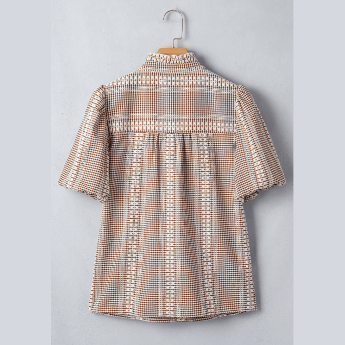 Kaytee Brown Western Pony Embroidered Yoke Puff Sleeve Gingham Blouse