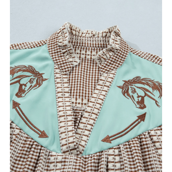 Kaytee Brown Western Pony Embroidered Yoke Puff Sleeve Gingham Blouse