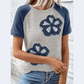 Shante Dark Blue Floral Patchwork Colorblock Raglan Sleeve T Shirt