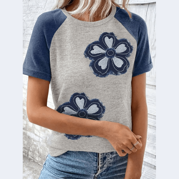Shante Dark Blue Floral Patchwork Colorblock Raglan Sleeve T Shirt