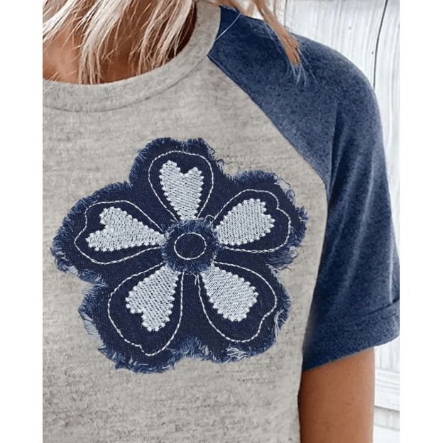 Shante Dark Blue Floral Patchwork Colorblock Raglan Sleeve T Shirt