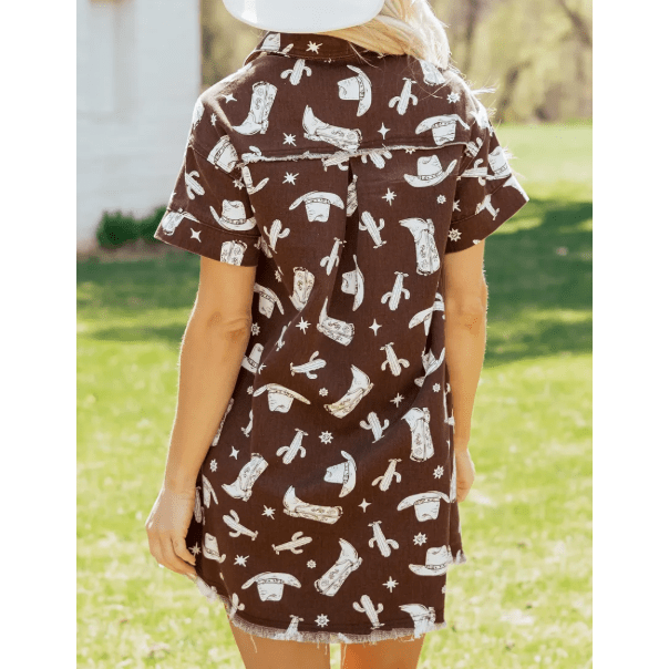 Mary Lou Brown Cowgirl Print Raw Edge Button Down Short Denim Dress