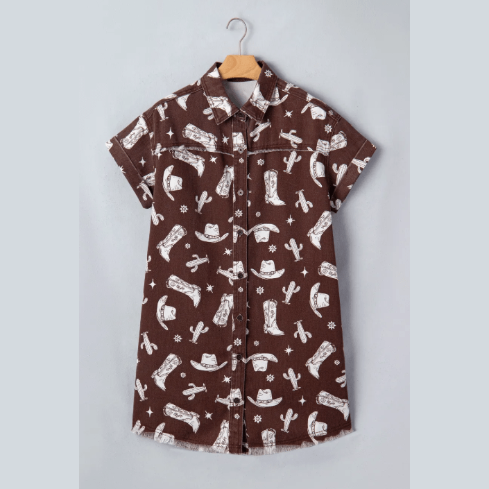 Mary Lou Brown Cowgirl Print Raw Edge Button Down Short Denim Dress