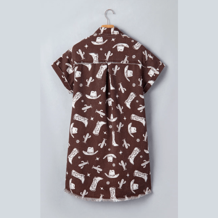 Mary Lou Brown Cowgirl Print Raw Edge Button Down Short Denim Dress