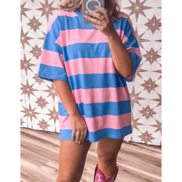 Selina Pink Striped Color Block Oversize Tunic Tee