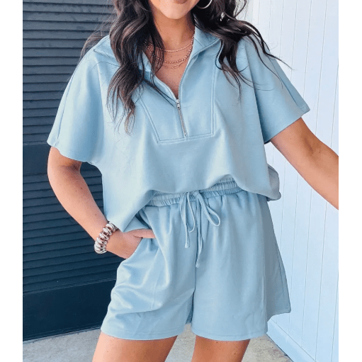 Tiffani Half Zip Loose Short Sleeve Sweatshirt 2pcs Set