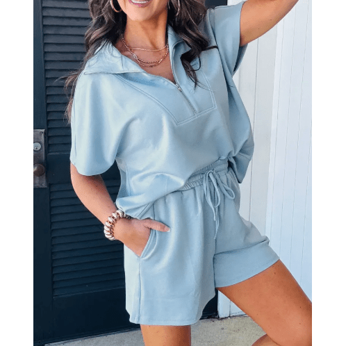 Tiffani Half Zip Loose Short Sleeve Sweatshirt 2pcs Set