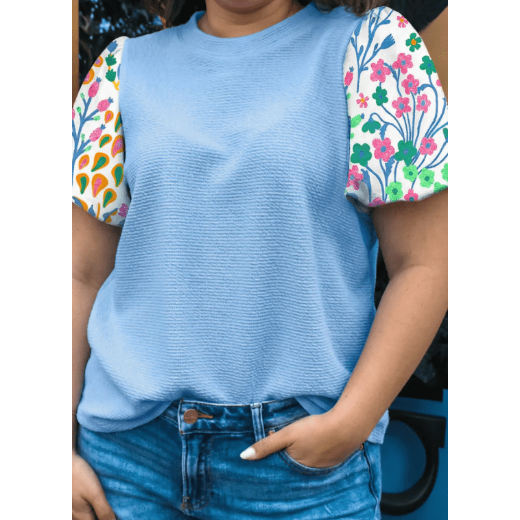 Jenissa Light Blue Textured Bodice Contrast Floral Sleeve Plus Size Top