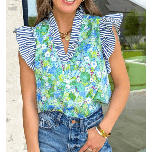 SALE!!!  Quintessa Green Floral Painting Print Striped Patchwork Flutter Sleeve V Neck Blouse