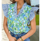 SALE!!!  Quintessa Green Floral Painting Print Striped Patchwork Flutter Sleeve V Neck Blouse