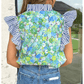 SALE!!!  Quintessa Green Floral Painting Print Striped Patchwork Flutter Sleeve V Neck Blouse