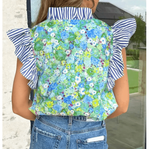 SALE!!!  Quintessa Green Floral Painting Print Striped Patchwork Flutter Sleeve V Neck Blouse