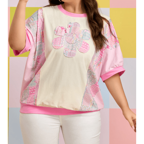 Wandia Plus Size Floral Patchwork Short Sleeve Patch Embroidery Cotton T Shirt