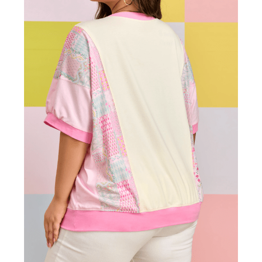 Wandia Plus Size Floral Patchwork Short Sleeve Patch Embroidery Cotton T Shirt