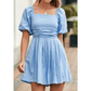 Sezzy Sky Blue Square Neck Ruched Puff Sleeve Romper