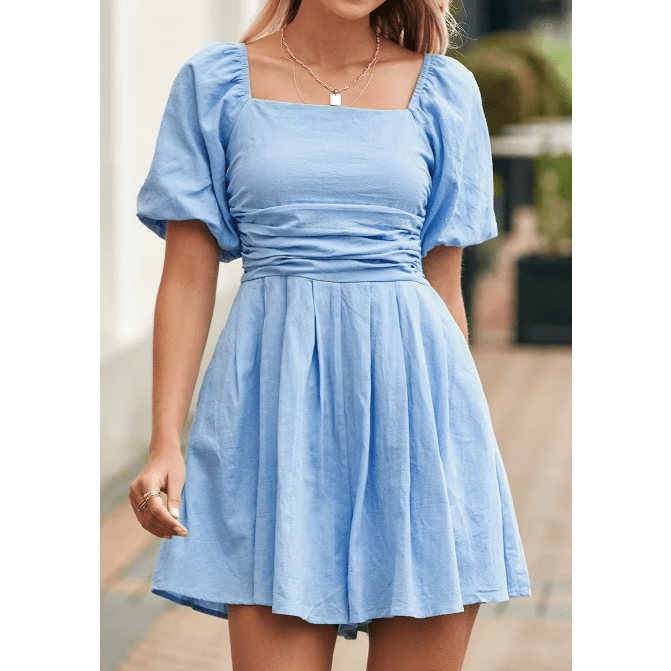 Sezzy Sky Blue Square Neck Ruched Puff Sleeve Romper