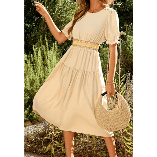Kannon Contrast Shirred Elastic Waist Short Sleeve Midi Dress