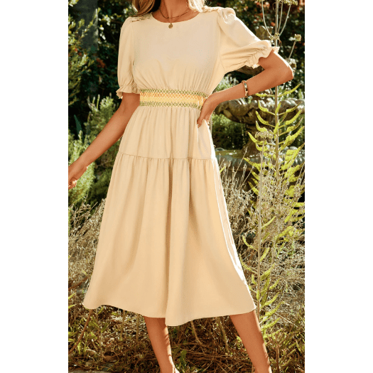 Kannon Contrast Shirred Elastic Waist Short Sleeve Midi Dress