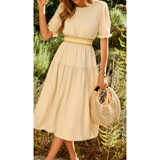 Kannon Contrast Shirred Elastic Waist Short Sleeve Midi Dress