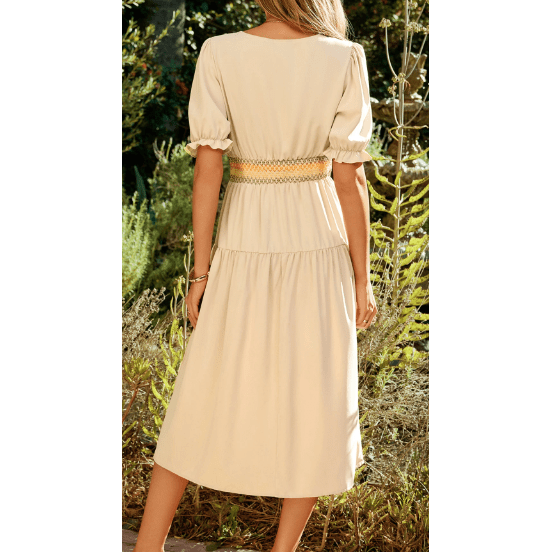 Kannon Contrast Shirred Elastic Waist Short Sleeve Midi Dress
