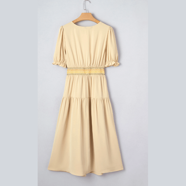 Kannon Contrast Shirred Elastic Waist Short Sleeve Midi Dress